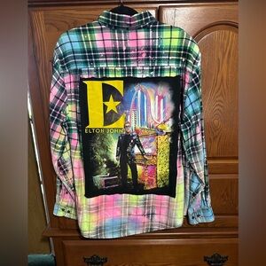 Elton John upcycled bleached tie dyed flannel tee One of a Kind
